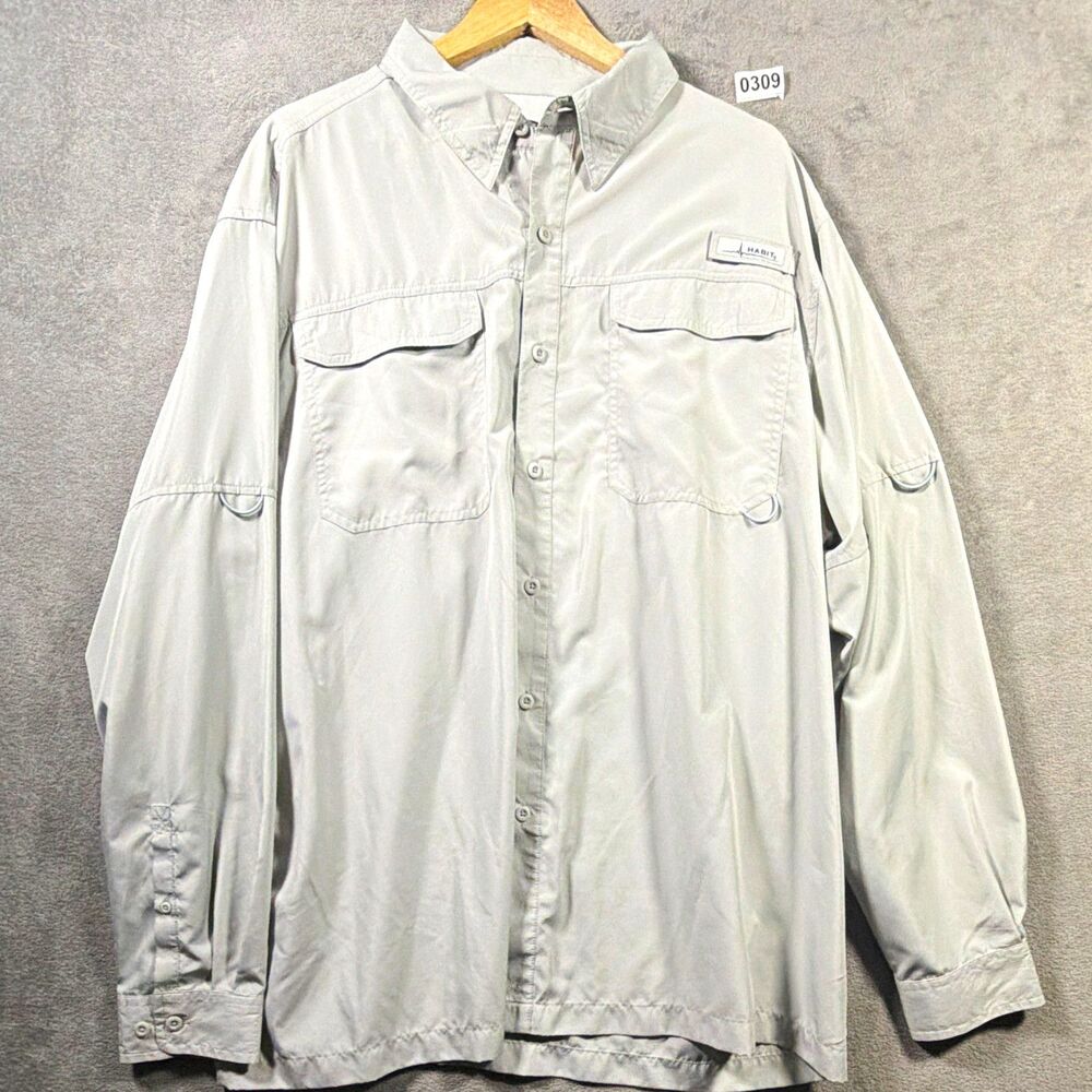 HABIT Men's 2XL/2XG Gray Long Sleeve Button-Front UV Polyester Fishing Shirt
